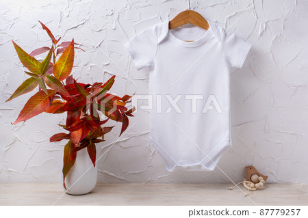 White baby short sleeve bodysuit mockup with red grass and wooden toy White baby short sleeve bodysuit mockup with red grass and wooden toy 87779257