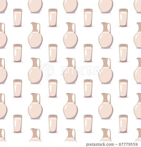 Seamless pattern with a jug and a glass with milk. Print with kefir or other liquid. Farm products rich in vitamins and calcium in the background. Vector flat illustration Seamless pattern with a jug and a glass with milk. Print with kefir or other liquid. Farm products rich in vitamins and calcium in the background. Vector flat illustration 87779559