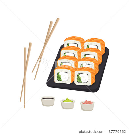 Set with japanese sushi dish, rolls with salmon fish. Delicious oriental traditional food on black tray with chopsticks, ginger, wasabi and soy sauce. Vector flat food illustration 87779562