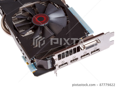 Video card with HDMI, Displayport and DVI connectors isolated on a white background. Video card with HDMI, Displayport and DVI connectors isolated on a white background. 87779822