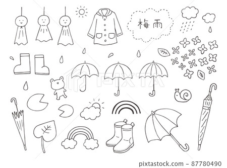 Hand-drawn illustration set related to the rainy season (monochrome) 87780490