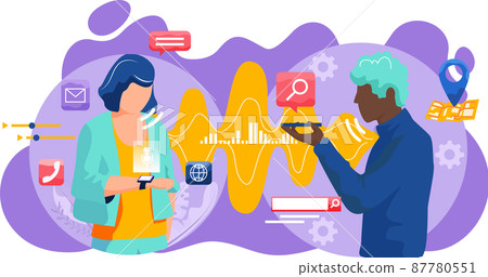 Voice assistant. Smart speaker virtual assistant, sound robot, people using voice controlled smart speaker 87780551