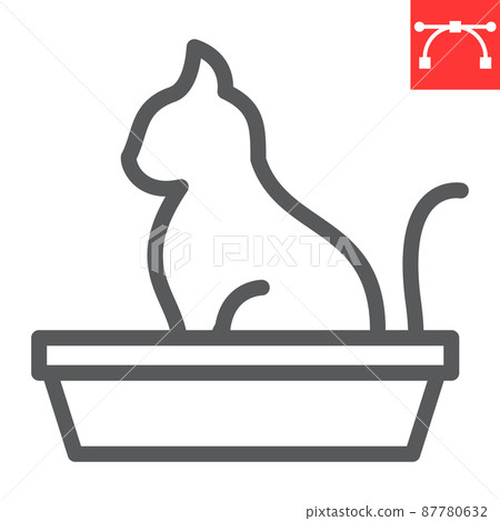 Cat in pet tray line icon, pet shop and sandbox, cat tray vector icon, vector graphics, editable stroke outline sign, eps 10. 87780632