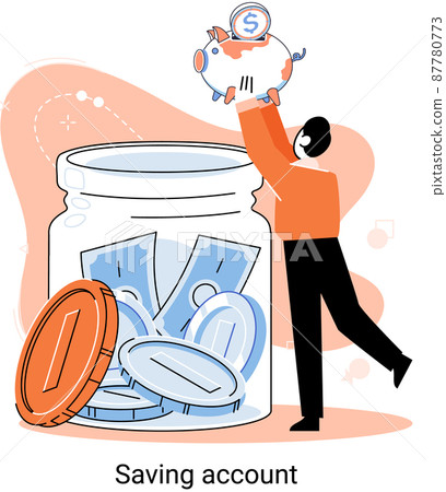 Saving account concept. People with coins and piggy bank. Bank account accumulation of funds, wealth Saving account concept. People with coins and piggy bank. Bank account accumulation of funds, wealth 87780773