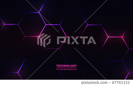 Dark hexagon abstract technology background with purple and pink colored bright flashes 87781152