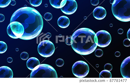 Set of realistic transparent colorful soap bubbles with rainbow reflection. Soap bubbles foamy realistic with rainbow colors in an isolated transparent background. 87781477