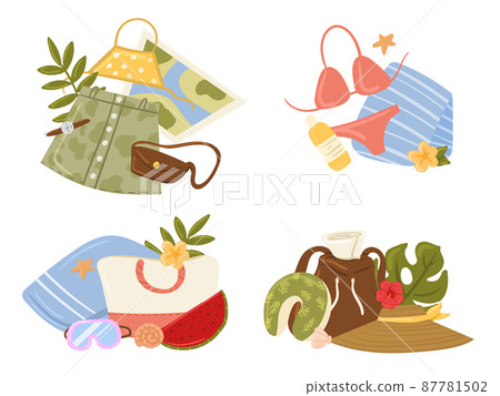 Travel stuff. Various luggage bags, suitcases, cosmetics, clothes. Collection of items for vacation or journey decorated by tropical leaves, shells and flowers isolated Travel stuff. Various luggage bags, suitcases, cosmetics, clothes. Collection of items for vacation or journey decorated by tropical leaves, shells and flowers isolated 87781502