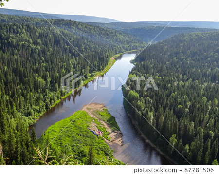 View of the island and the river Usva from the Usvinskiye Pillars. Perm region. Russia View of the island and the river Usva from the Usvinskiye Pillars. Perm region. Russia 87781506