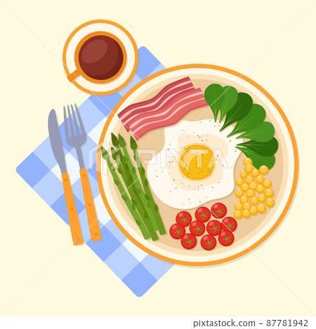 Breakfast with fried egg, tomato, corn, greens, asparagus and bacon, coffee, vector illustration Breakfast with fried egg, tomato, corn, greens, asparagus and bacon, coffee, vector illustration 87781942