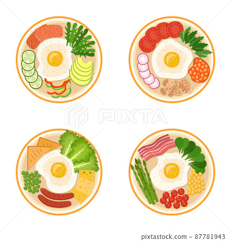 Set of breakfasts with fried eggs, greens, vegetables, bacon, sausages, salmon, cheese, beans, vector illustration Set of breakfasts with fried eggs, greens, vegetables, bacon, sausages, salmon, cheese, beans, vector illustration 87781943