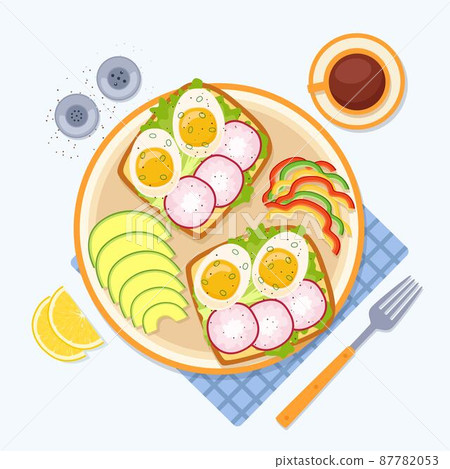 Breakfast with avocado, pepper, toasts with egg and radish, coffee, vector illustration 87782053