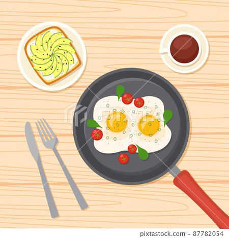 Breakfast with fried eggs on frying pan, coffee, avocado toast, vector illustration Breakfast with fried eggs on frying pan, coffee, avocado toast, vector illustration 87782054