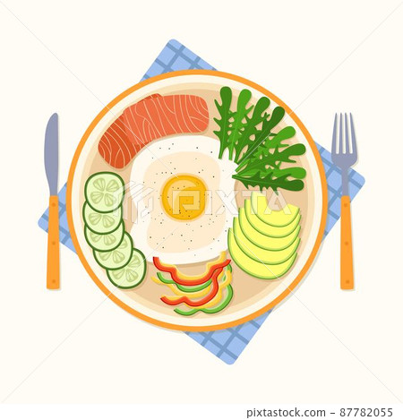 Breakfast with fried egg, cucumber, pepper, salmon and arugula, vector illustration Breakfast with fried egg, cucumber, pepper, salmon and arugula, vector illustration 87782055