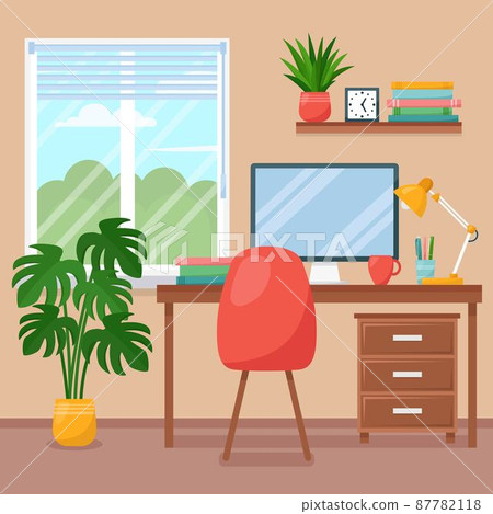 Workplace room, interior of work cabinet at home, vector illustration 87782118