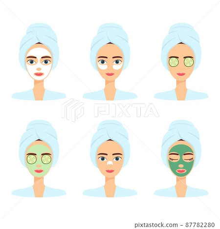 Set of beautiful women with different face mask. Spa beauty treatment, vector illustration 87782280