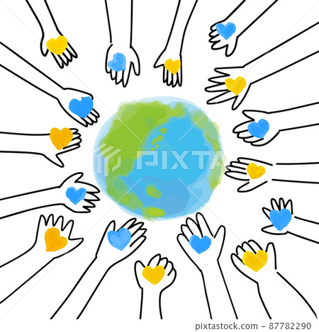 Illustration of a hand with a blue and yellow heart and the earth 87782290