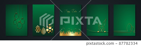 Set Happy Easter green cards, gold luxury style, golden Rabbit and Eggs, fashion design collection, outline drawing Easter Bunny greeting card, vector illustration background 87782334