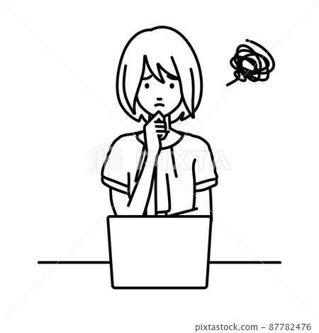 An office casual woman sitting at a desk and having trouble opening her PC 87782476