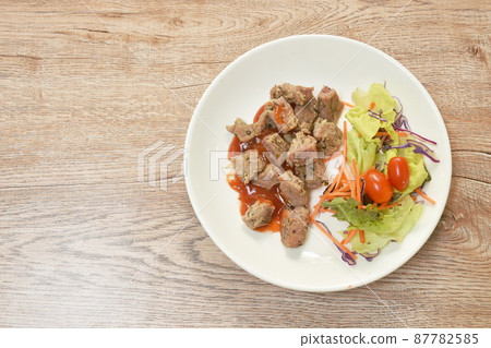 grilled slice beef ribeye steak dressing spicy barbecue sauce with salad on plate grilled slice beef ribeye steak dressing spicy barbecue sauce with salad on plate 87782585