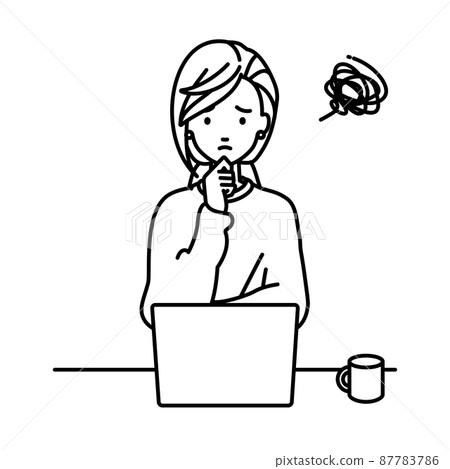 Remote work woman sitting at a desk and having trouble opening her PC Remote work woman sitting at a desk and having trouble opening her PC 87783786
