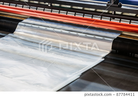 machine with roll of newly produced transparent plastic film 87784411