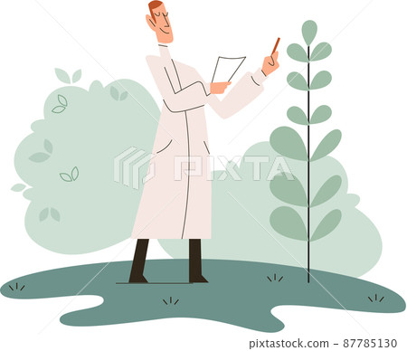 Scientist explores vegetable life and plants in nature. Biologists in forest studying environment Scientist explores vegetable life and plants in nature. Biologists in forest studying environment 87785130