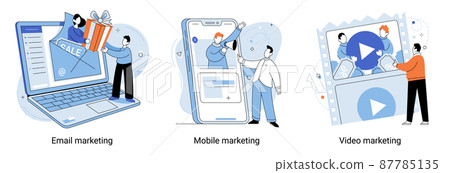 Email, mobile and video marketing technology. Buyer acquisition, promotion strategy for social media metaphor 87785135