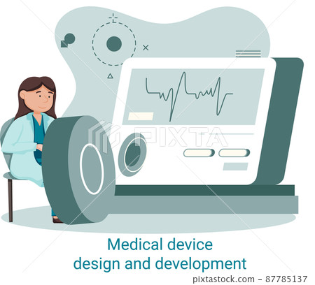 Medical device design and development banner with scientist develop equipment and experiment metaphor 87785137