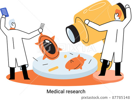 Medical research metaphor. Laboratory diagnostic services. Scientists work with equipment and microscope 87785148