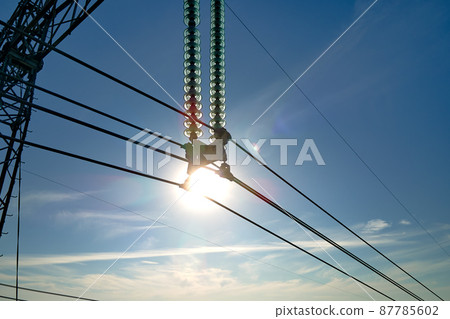 High voltage power line with insulation divider of electric power wires for safe delivering of electrical energy through steel cable on long distance High voltage power line with insulation divider of electric power wires for safe delivering of electrical energy through steel cable on long distance 87785602