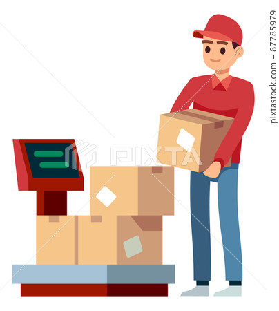 Man measuring cargo weight on electronic industrial scale 87785979