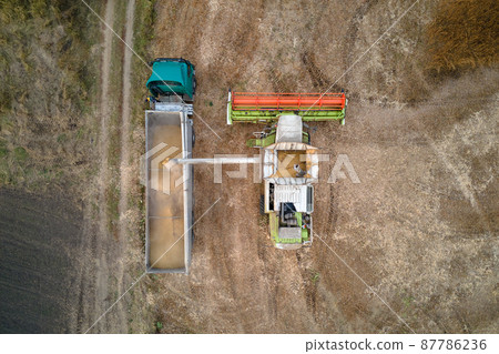 Aerial view of combine harvester unloading grain in cargo trailer working during harvesting season on large ripe wheat field. Agriculture and transportation of raw farm products concept Aerial view of combine harvester unloading grain in cargo trailer working during harvesting season on large ripe wheat field. Agriculture and transportation of raw farm products concept 87786236