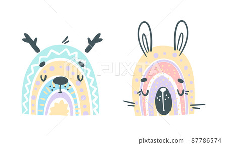 Cute baby animal portraits. Adorable animal faces of reindeer and rabbit cartoon vector illustration Cute baby animal portraits. Adorable animal faces of reindeer and rabbit cartoon vector illustration 87786574