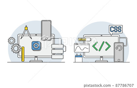 Online education line symbols set. Digital learning, distant school. Learn online, webinar signs vector illustration Online education line symbols set. Digital learning, distant school. Learn online, webinar signs vector illustration 87786707