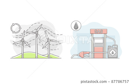 Wind turbines and gas petroleum refill station. Alternative renewable energy sources vector illustration 87786757