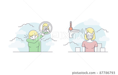 Coronavirus pandemic safety measures. Girl wearing medical mask checking body temperature and coughing into her elbow to protect other from virus spreading vector illustration 87786793