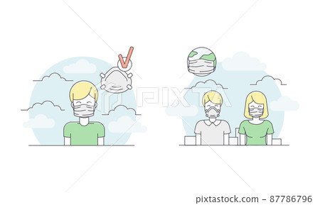 People wearing medical face mask. Coronavirus pandemic safety measures vector illustration 87786796
