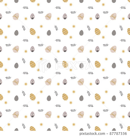 Happy Easter seamless pattern with eggs. The symbol of the Christian Spring Holiday. Festive decoration drawn in black and gold lines with abstract elements on a white background. Vector graphics Happy Easter seamless pattern with eggs. The symbol of the Christian Spring Holiday. Festive decoration drawn in black and gold lines with abstract elements on a white background. Vector graphics 87787336