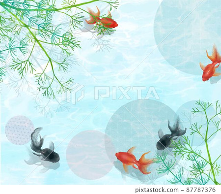 矢量夏季框架材料具有美麗的水波紋設計，黑色和紅色金魚在水生植物的水中優雅地游泳 87787376