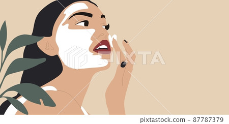 Beautiful young woman applying cosmetic product. Woman face and green plant. Skin care banner. Skincare routine, mask applying and cosmetics. Vector concept illustration. 87787379