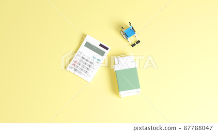 3D rendered illustration of a miniature bed and wheelchair placed on a flat surface, and a calculator 3D rendered illustration of a miniature bed and wheelchair placed on a flat surface, and a calculator 87788047