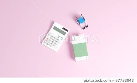 3D rendered illustration of a miniature bed and wheelchair placed on a flat surface, and a calculator 3D rendered illustration of a miniature bed and wheelchair placed on a flat surface, and a calculator 87788048