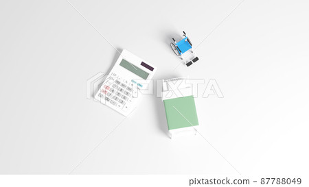 3D rendered illustration of a miniature bed and wheelchair placed on a flat surface, and a calculator 3D rendered illustration of a miniature bed and wheelchair placed on a flat surface, and a calculator 87788049