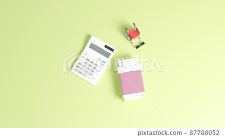 3D rendered illustration of a miniature bed and wheelchair placed on a flat surface, and a calculator 87788052