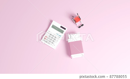 3D rendered illustration of a miniature bed and wheelchair placed on a flat surface, and a calculator 87788055