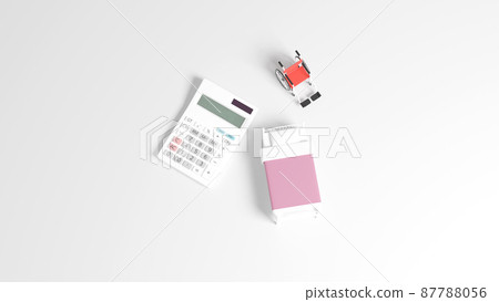 3D rendered illustration of a miniature bed and wheelchair placed on a flat surface, and a calculator 87788056