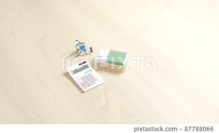 3D rendered illustration of a miniature bed and wheelchair placed on a flat surface, and a calculator 87788066