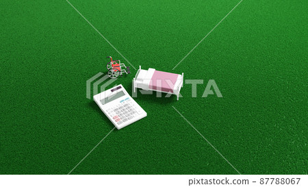 3D rendered illustration of a miniature bed and wheelchair placed on a flat surface, and a calculator 87788067