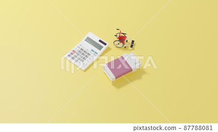 3D rendered illustration of a miniature bed and wheelchair placed on a flat surface, and a calculator 87788081