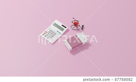 3D rendered illustration of a miniature bed and wheelchair placed on a flat surface, and a calculator 87788082